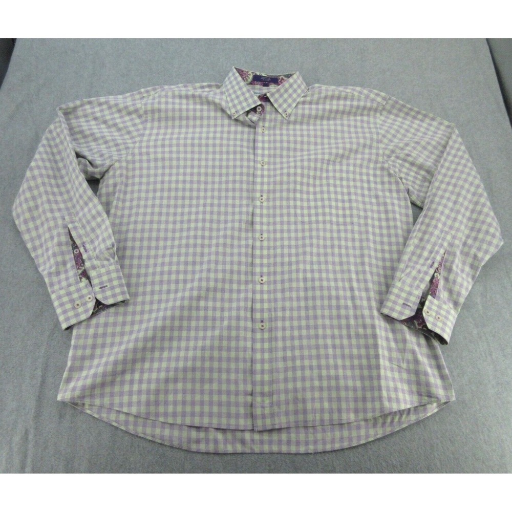 Alan Flusser Mens Button Down Regular Purple Green Gingham Paisley XXL